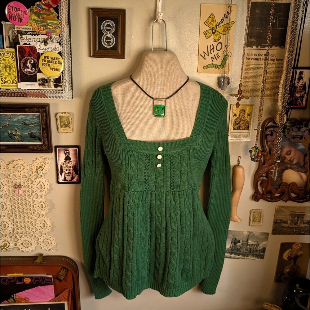 Vintage Babydoll Sweater Women's Medium/Large Green Cable Knit